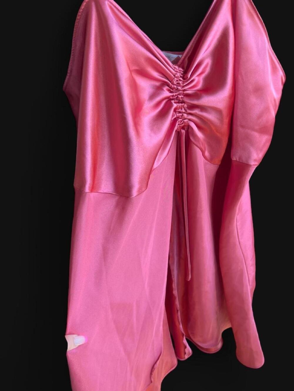 Pink satin top with ruched front detail